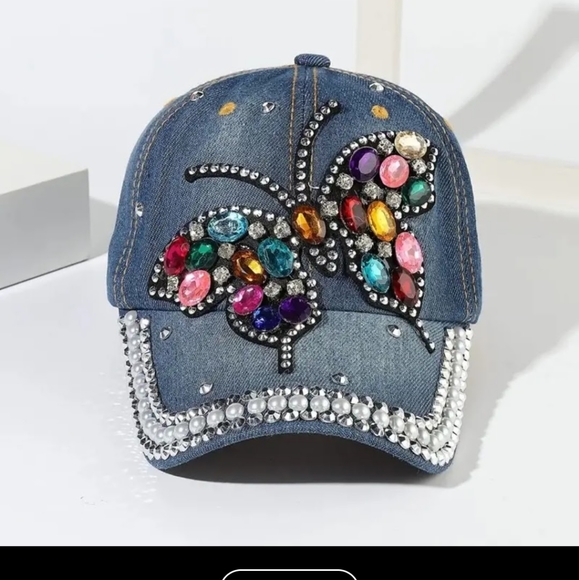 Butterfly Rhinestone Denim Baseball Cap Adjustable Casual Style Hat - Picture 1 of 9